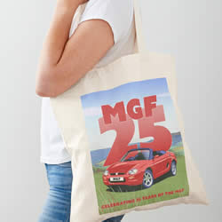 Red MGF convertible on a white tote bag