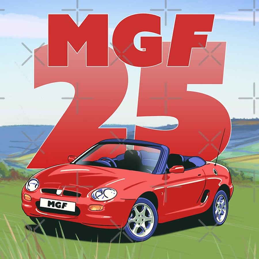 MG Car T-shirt design which shows a 1995 Flame Red MG F in a scenic setting.