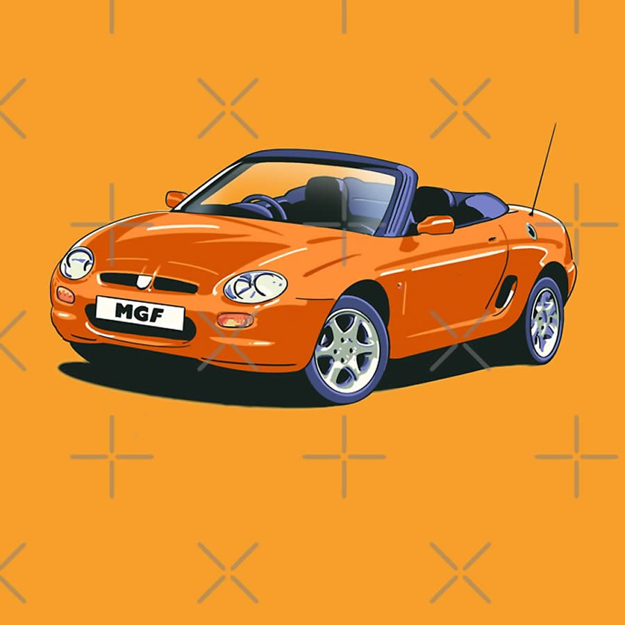 MG Car T-shirt deisgn which shows a 1996 Volcano Orange MGF.